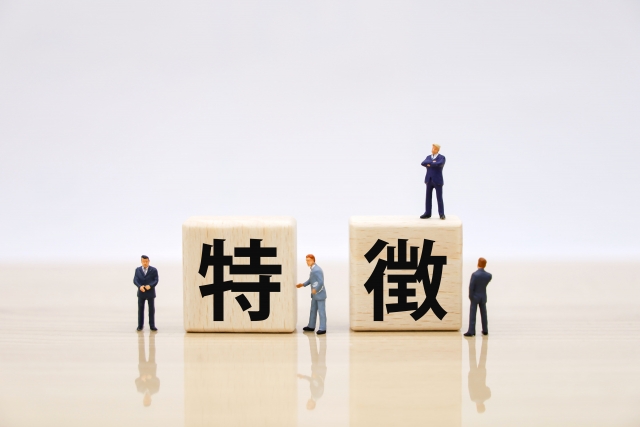 「特徴」と書かれたブロックと人物模型