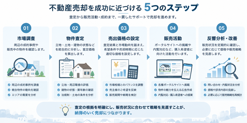 不動産売却における市場調査・物件査定・売出価格の設定・販売活動・反響分析と改善までの5ステップを示した図解。
