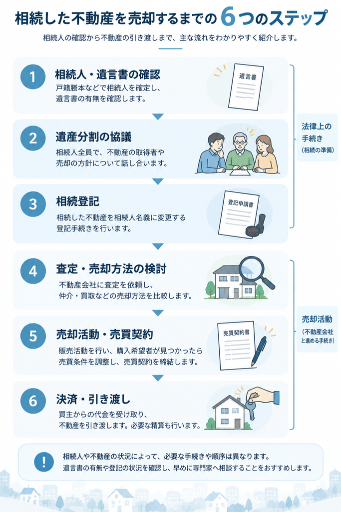 相続人の確認・遺産分割協議・相続登記・査定・売買契約・決済と引き渡しまでの6ステップを示した図解。