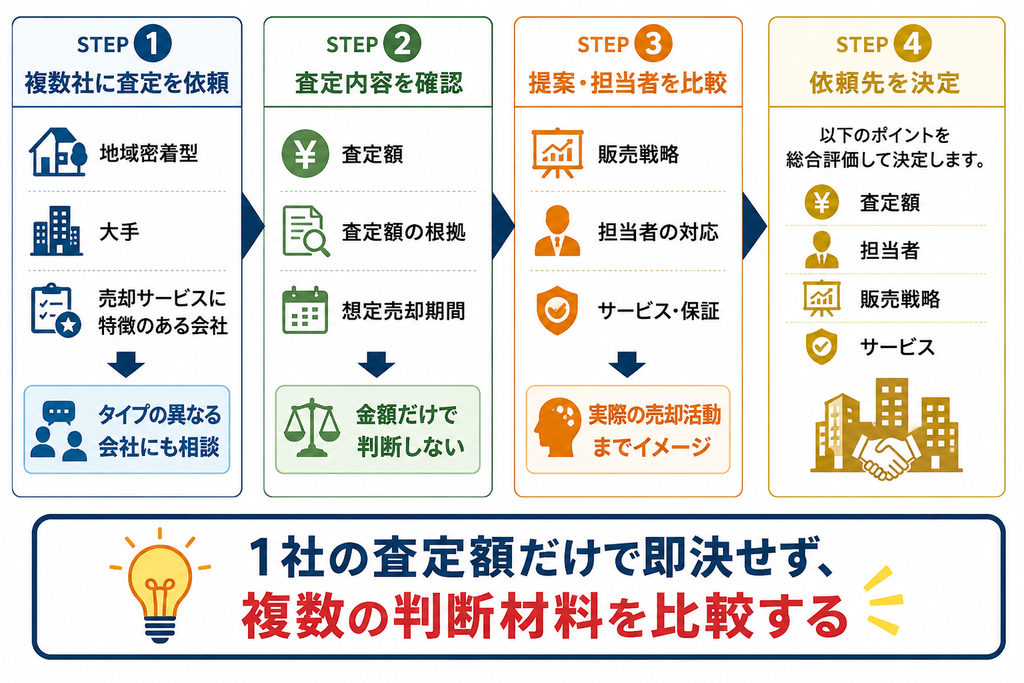 不動産売却で複数社に査定を依頼し、査定内容や販売戦略、担当者の対応を比較して依頼先を決める4ステップ