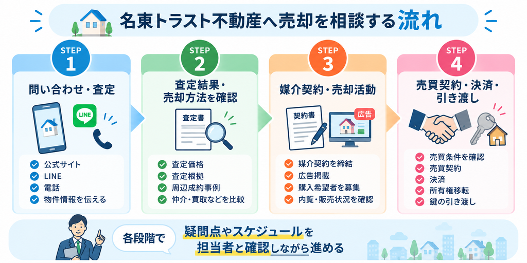 名東トラスト不動産へ売却を相談する際の流れを、問い合わせ・査定、査定結果と売却方法の確認、媒介契約・売却活動、売買契約・決済・引き渡しの4ステップで示した図解