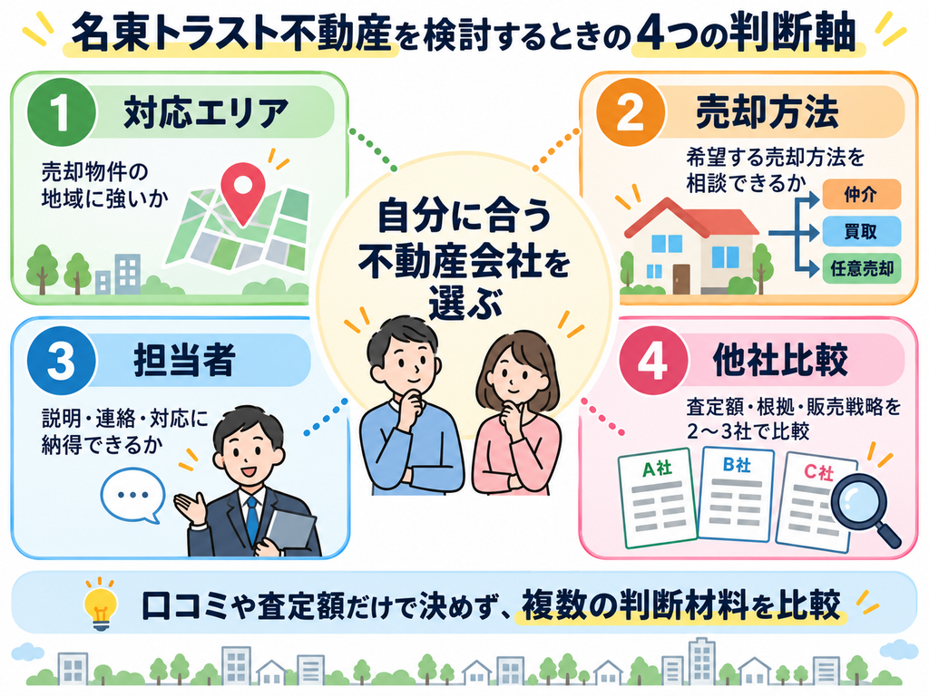 名東トラスト不動産を検討する際の判断軸として、対応エリア・売却方法・担当者・他社比較の4項目を示した図解